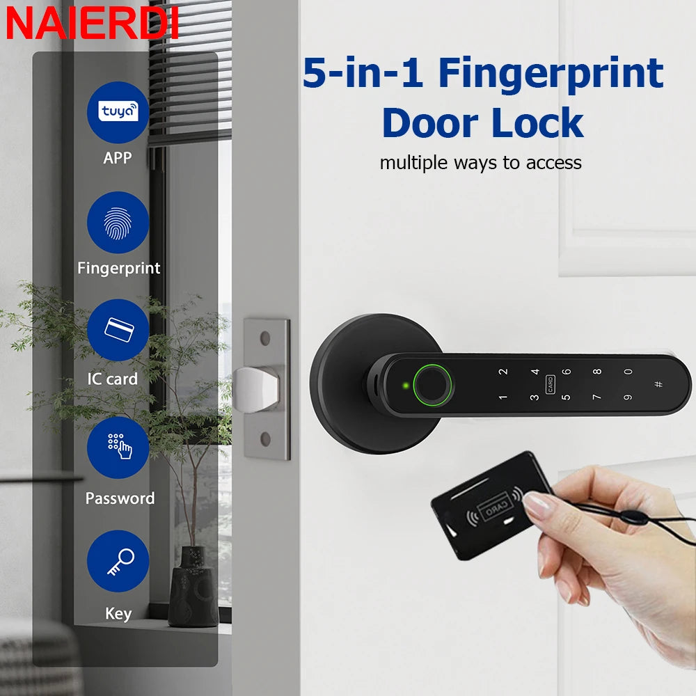 NAIERDI 5-in-1 Smart Fingerprint Door Lock Tuya APP Bluetooth Keypad IC Card Keyless Digital Door Knob for Hotel Office Bedroom