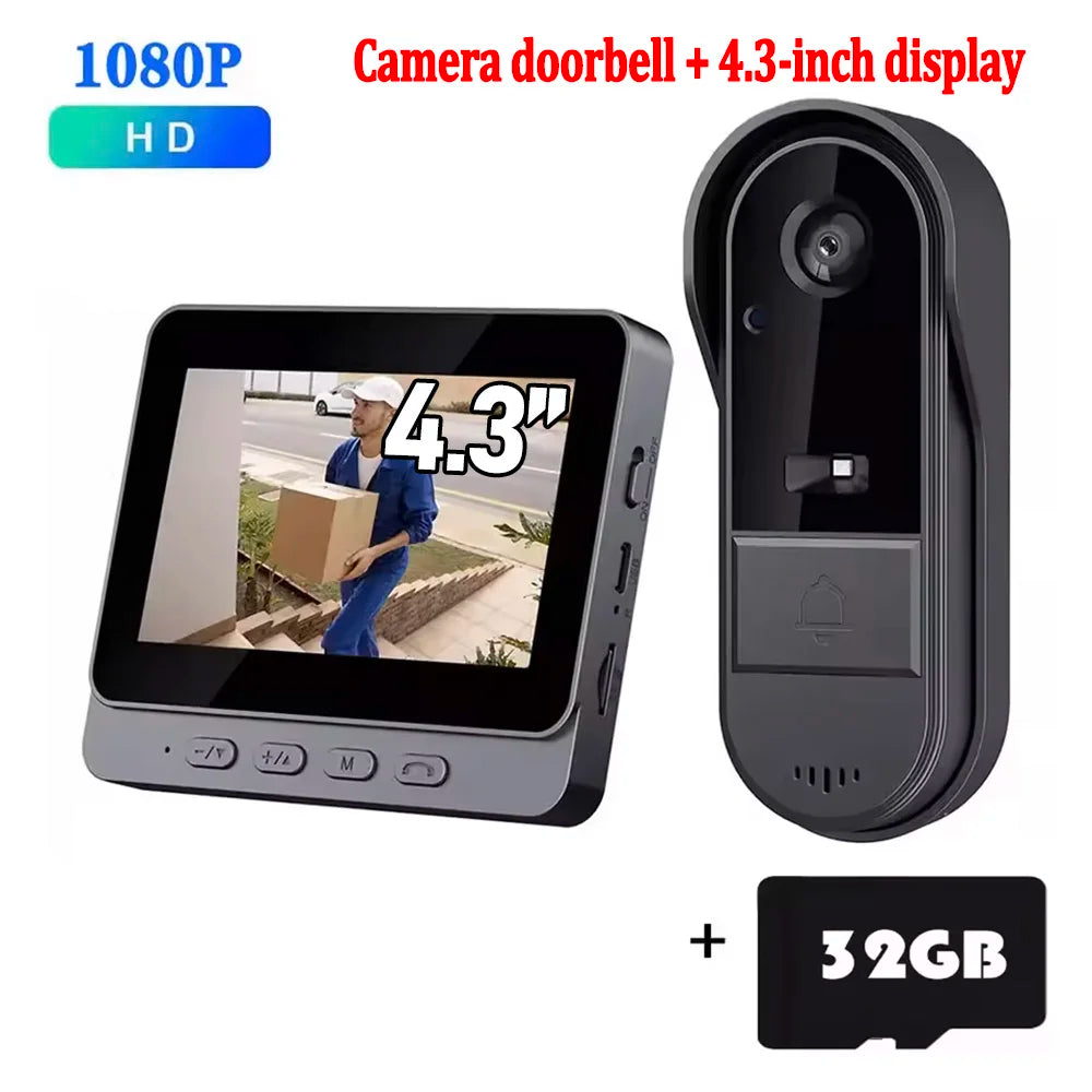 Wireless video doorbell kit with 4.3-inch screen plus 32GB memory card shown.
