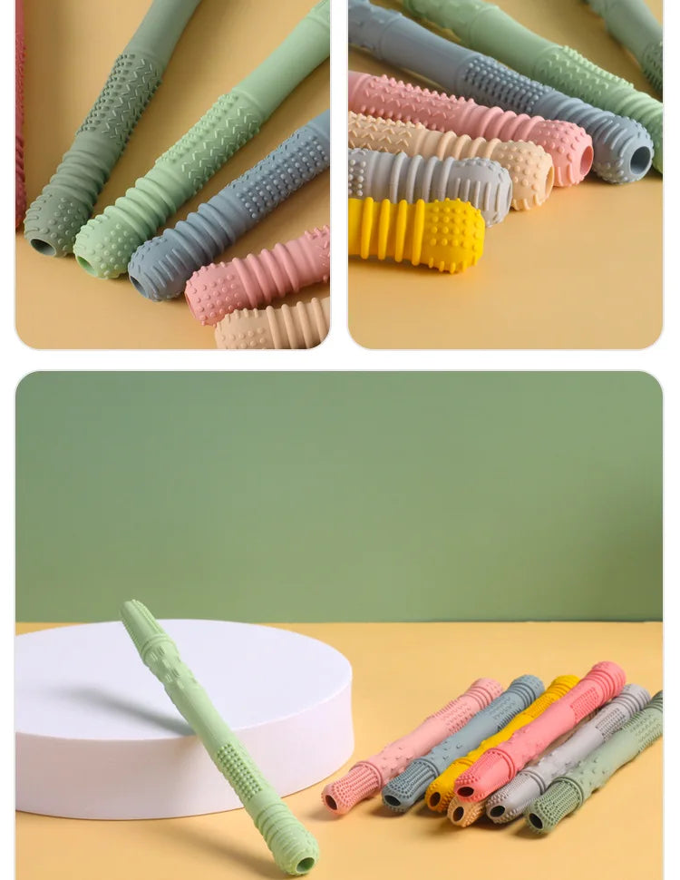 Newborn Hollow Teething Tube Baby Silicone Teether Stick Biting Chewing Straws Nursing Soother Molar Toy Gift for Infants
