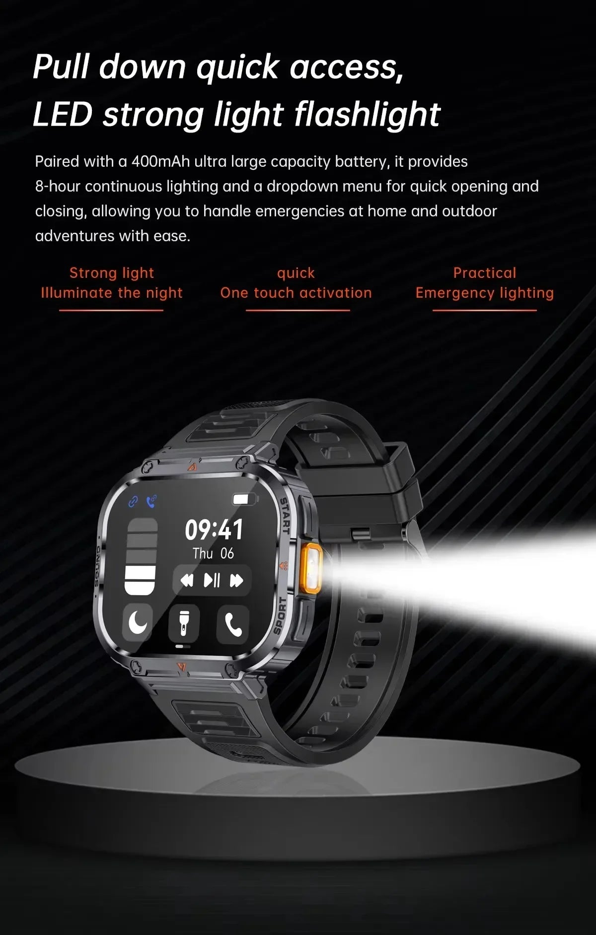 New Smart Watch Men LED Light Flashlight BT Call Music Player Sport Fitness Bracelet Calories Ultra Large Screen Smartwatch
