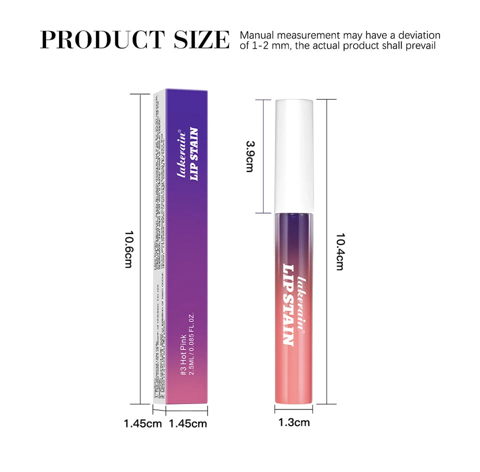 Lakerain waterproof peel-off lip stain tube and box in hot pink gradient. Long-lasting, matte, transfer-proof lip makeup.