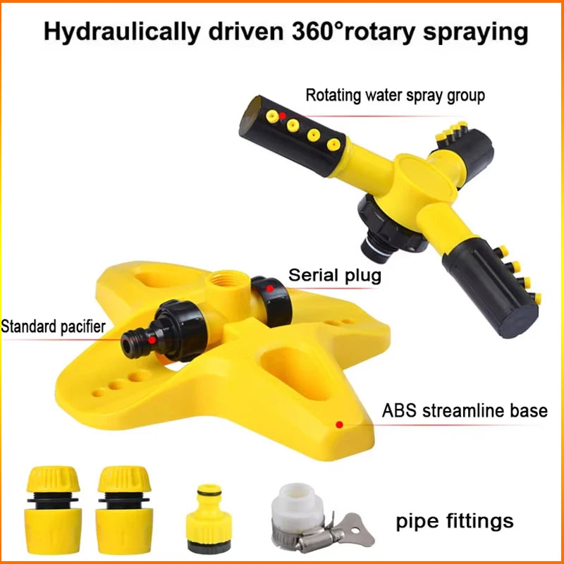 Yellow 360° hydraulic rotating lawn sprinkler with rotating spray group and base