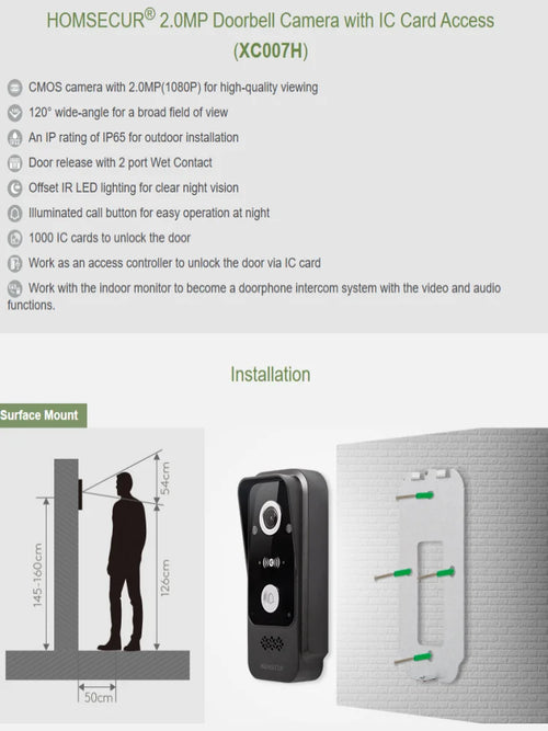 HOMSECUR doorbell camera product layout with installation and surface-mount diagram