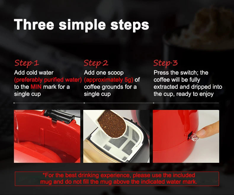 Red single-cup drip coffee maker with removable filter showing simple 3-step operation guide.