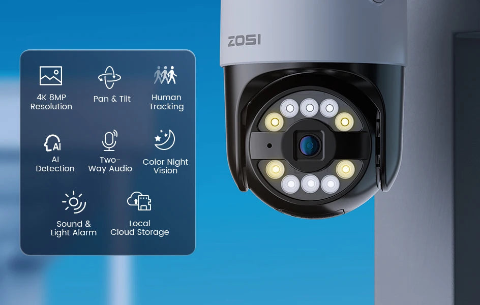 ZOSI 8MP 5MP PoE Outdoor IP Security Camera AI Detection Starlight Color Night Vision 4K 3K HD PTZ Video Surveillance Cam CCTV