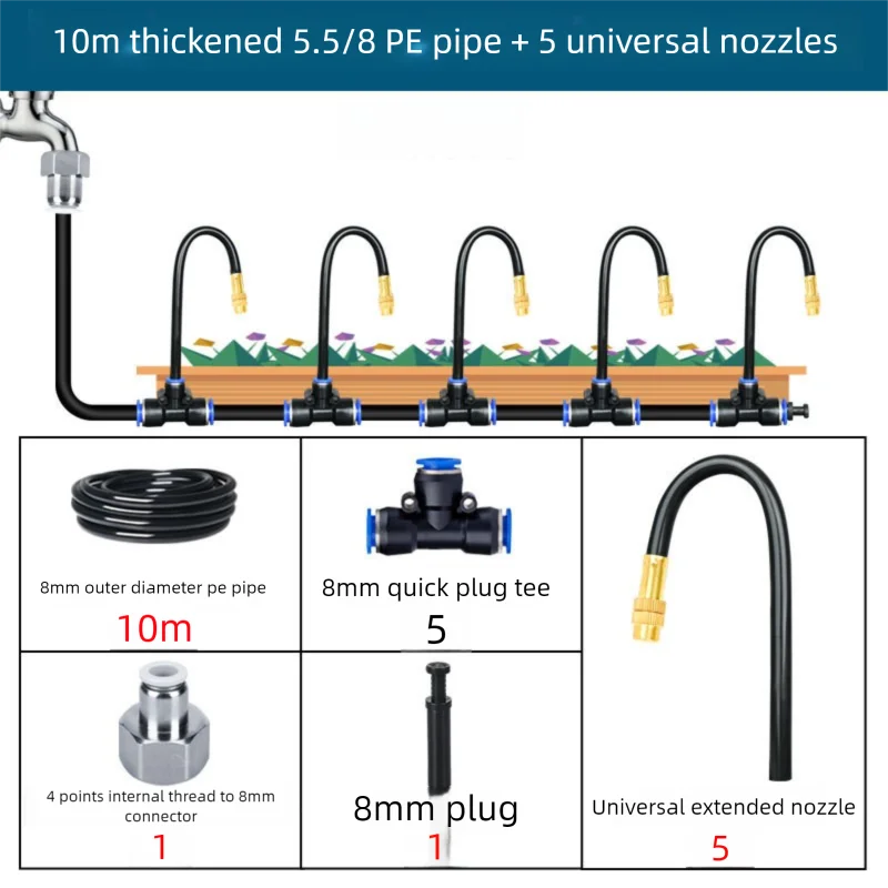 10 m PE irrigation pipe kit with 8 mm fittings, hose coil, and 5 nozzles