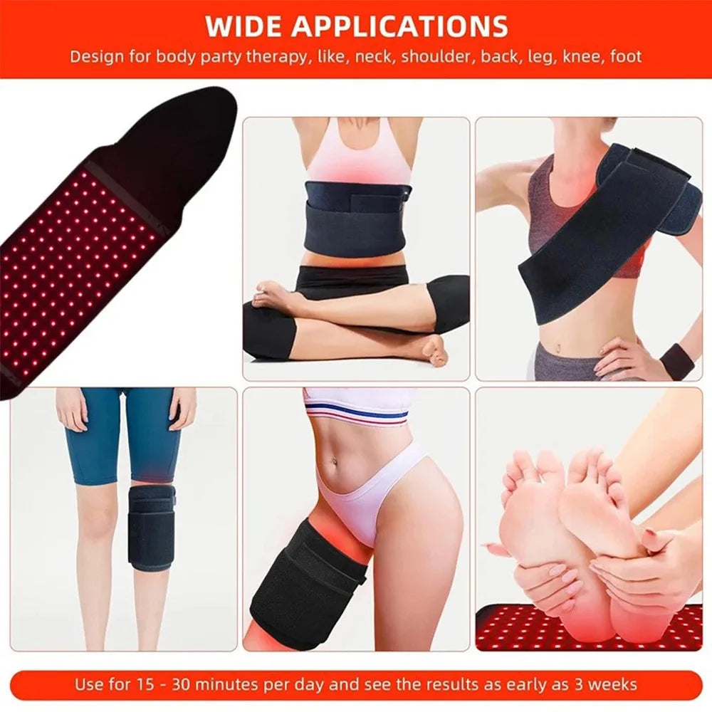 Black red light therapy belt wrap with infrared LEDs for back, shoulder, waist, and leg pain relief.