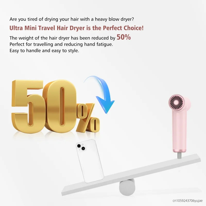 Pink mini portable travel hair dryer, high-speed brushless motor, lightweight compact design for easy styling.