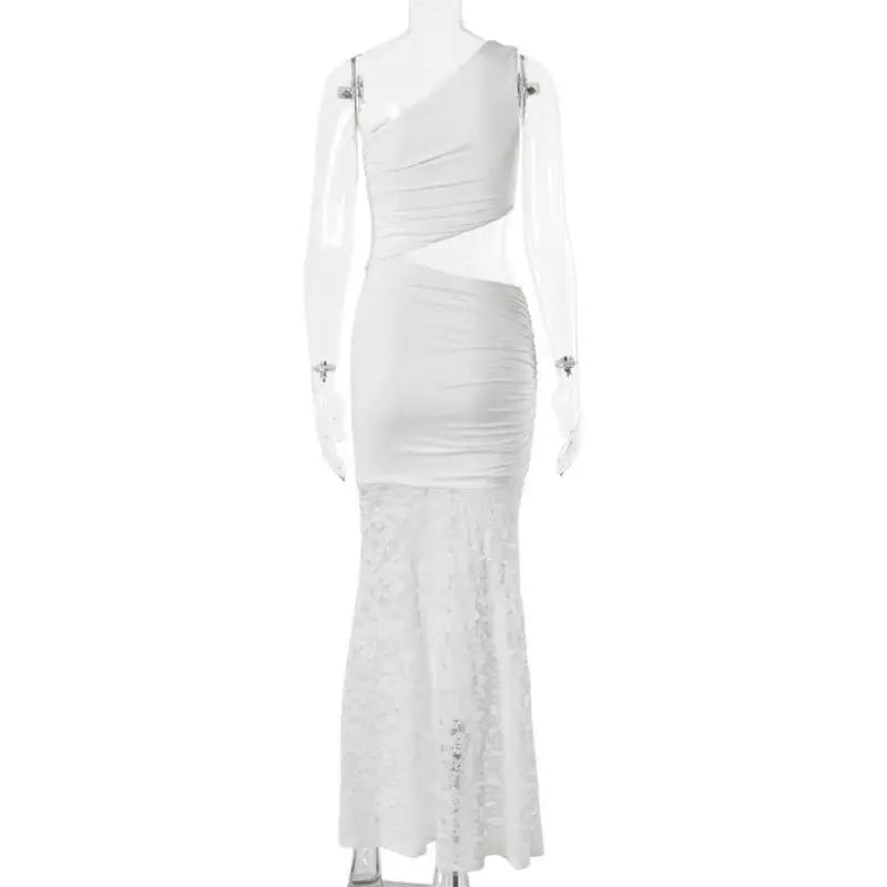 Mozision One Shoulder Cut Out Sexy Maxi Dress Women Elegant Diagonal Collar Sleeveless Lace Hem Bodycon Club Party Long Dresses
