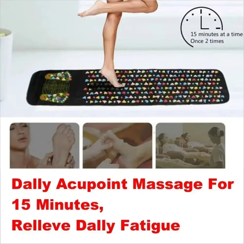 Black acupressure foot reflexology massage pad with colorful stones for 15-minute daily pain relief and relaxation.