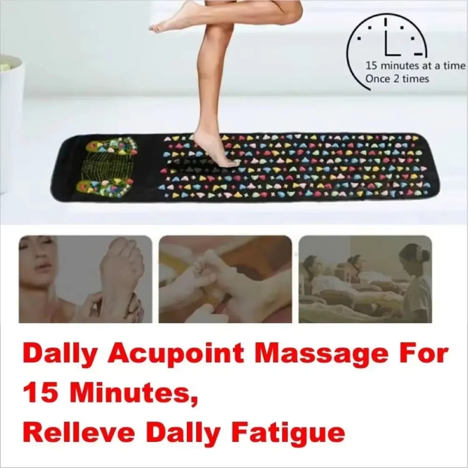 Black acupressure foot reflexology massage pad with colorful stones for 15-minute daily pain relief and relaxation.
