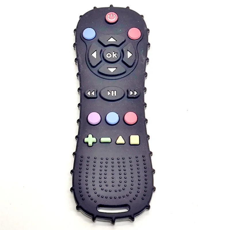 Black silicone baby teething toy shaped like a remote control with colorful buttons for infant teething relief.