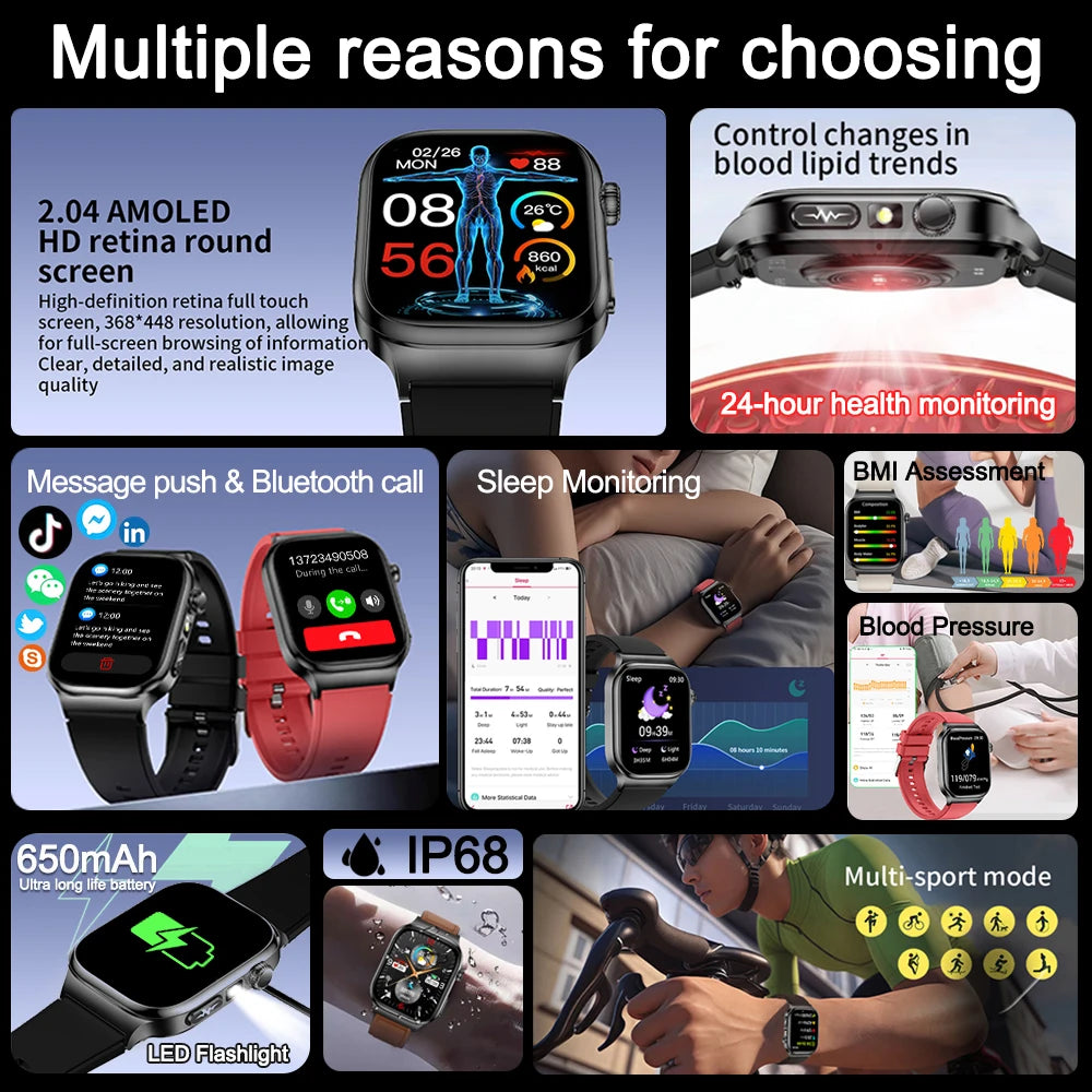 2026 New Accurate Diagnosis Smart Watch Body Fat ECG Blood oxygen BP Health Sport HD AMOLED Screen Call Smart Watches man woman