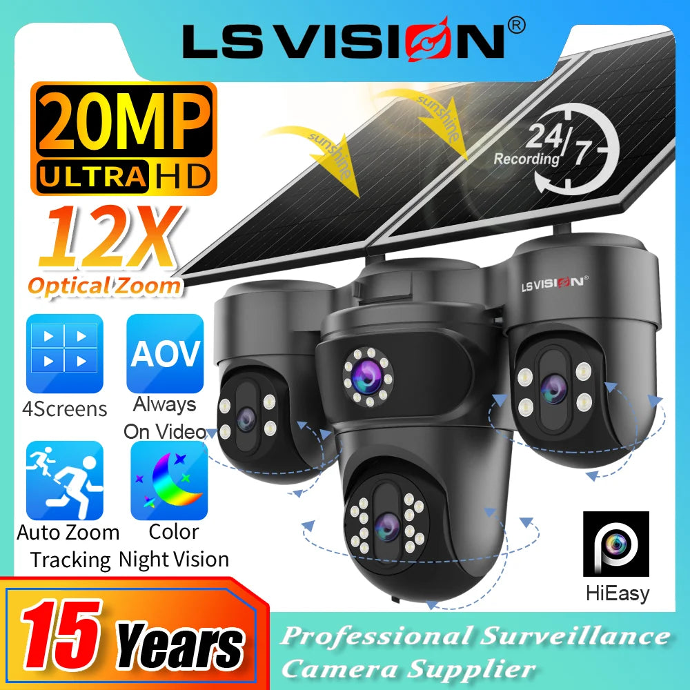 LS VISION 4-Screen 12X Optical Zoom Solar Outdoor Surveillance Camera 4G SIM AOV 24/7 Video Recording Cam Ai Auto Zoom Tracking