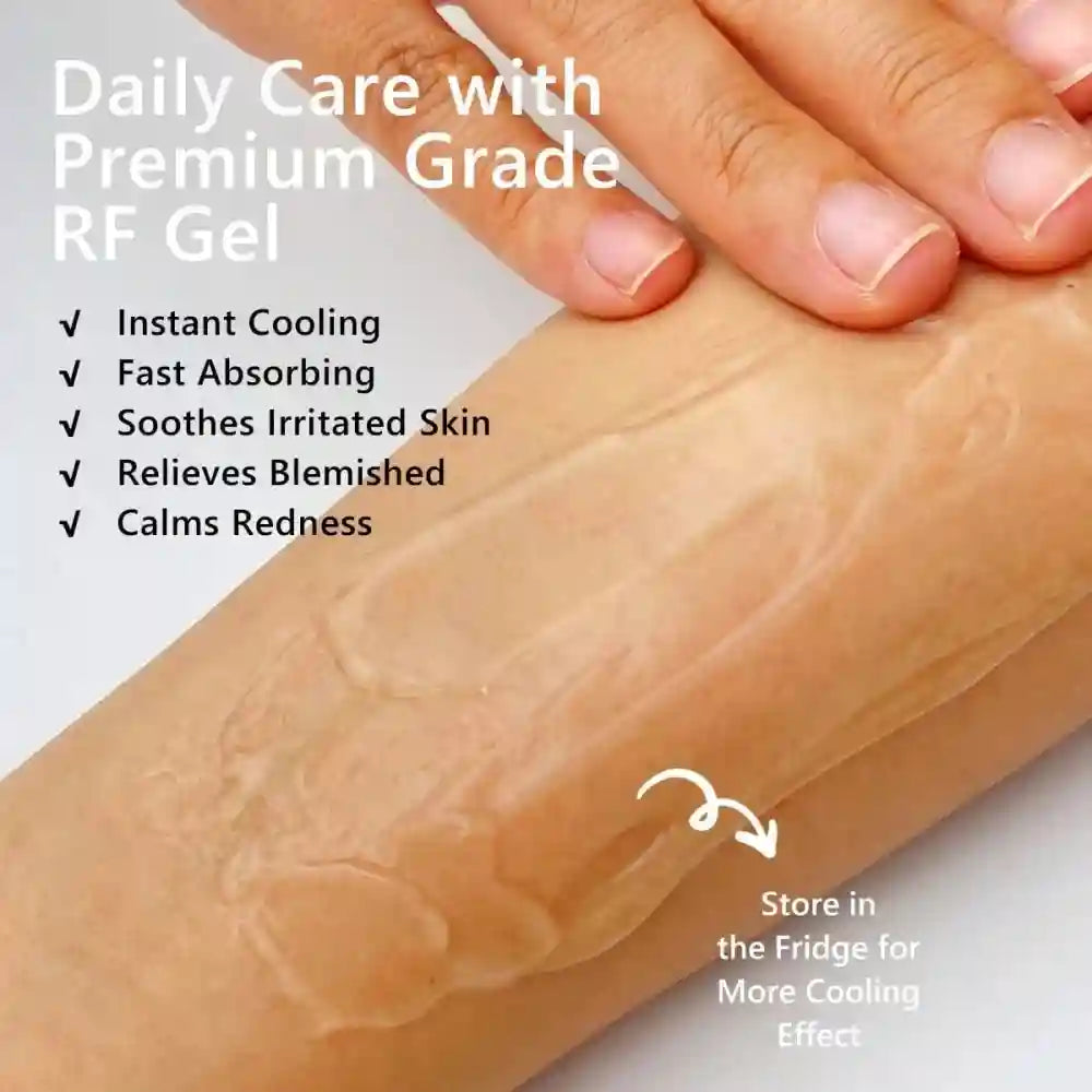 Clear, cooling conductive RF gel being applied to skin, with text overlay highlighting skin benefits.