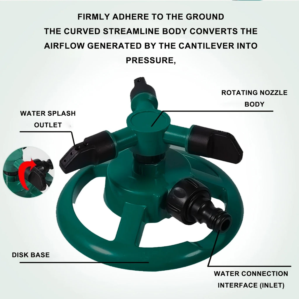 Green rotating sprinkler nozzle with black outlet nozzles and water connection inlet