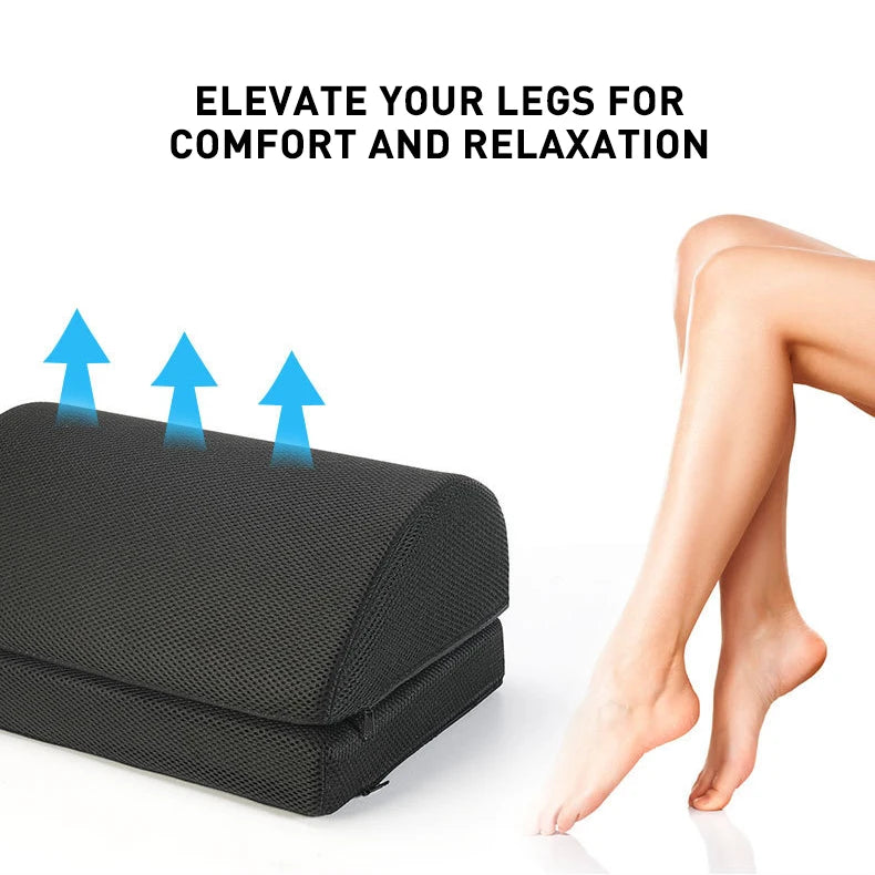 Black ergonomic under desk foot rest with adjustable height for office chair leg comfort and improved posture.