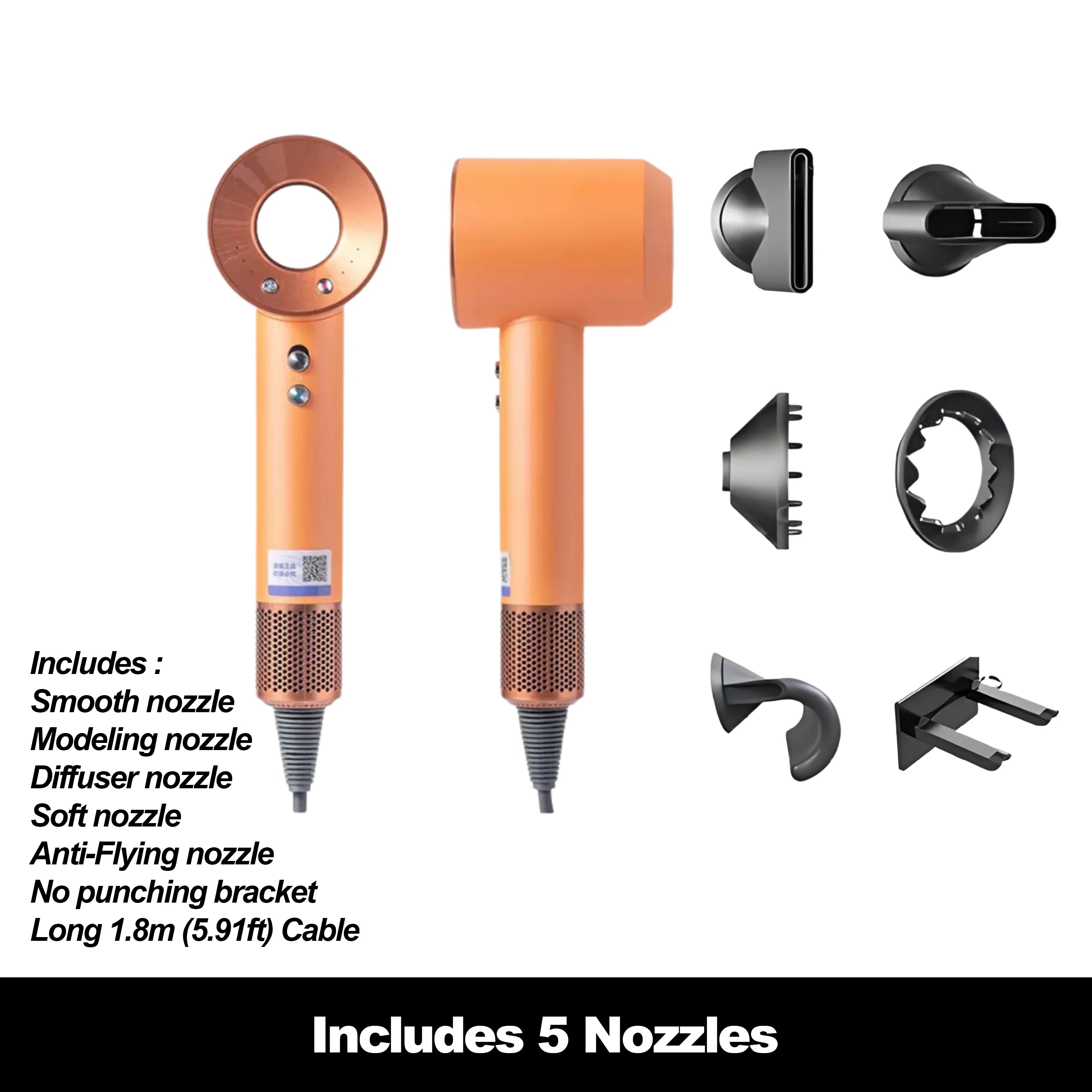 Orange high-speed ionic hair dryer with 5 styling nozzles, diffuser, and wall bracket for professional salon results.