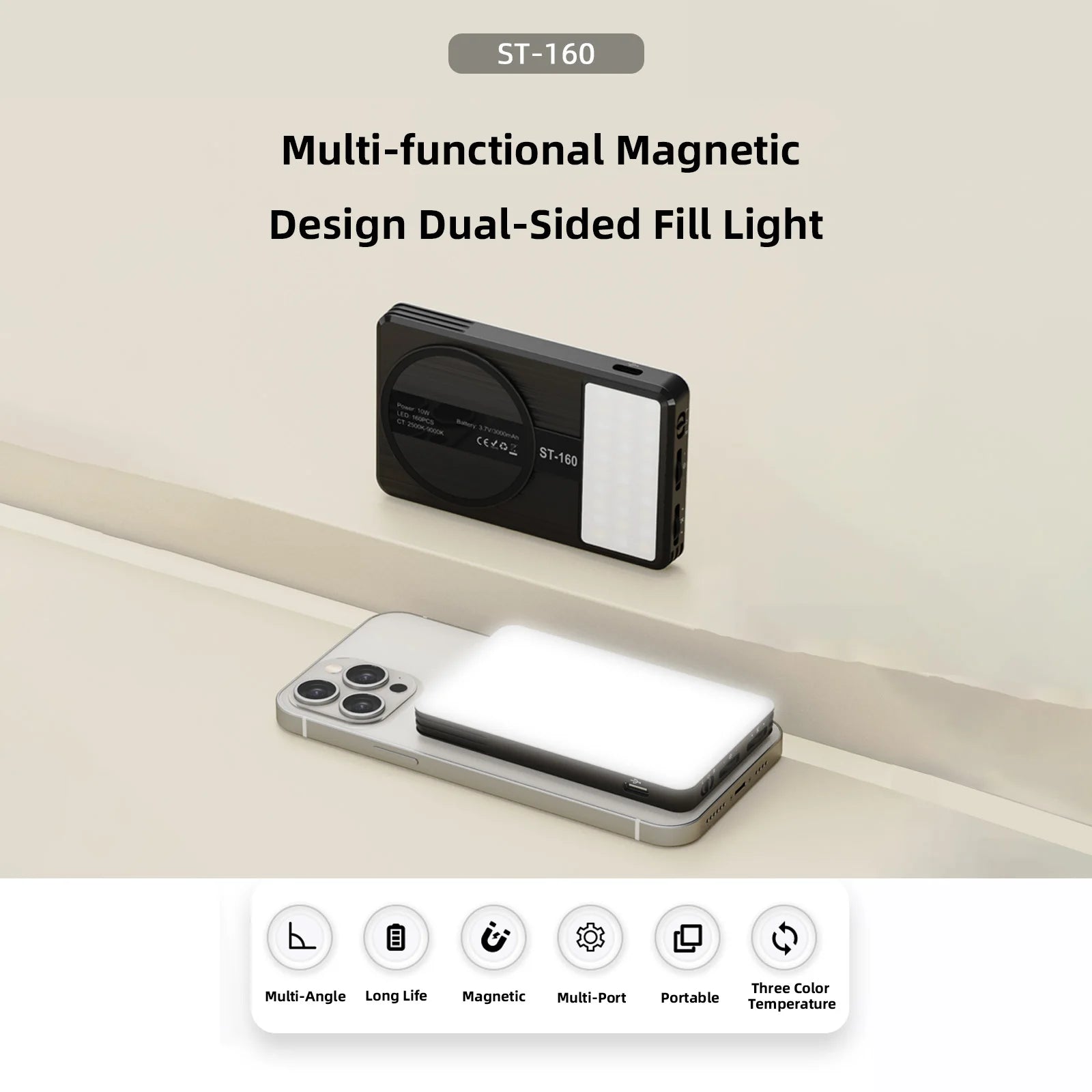 ST-160 magnetic, dual-sided LED rectangular fill light for smartphones, shown in black with a bright white light panel.