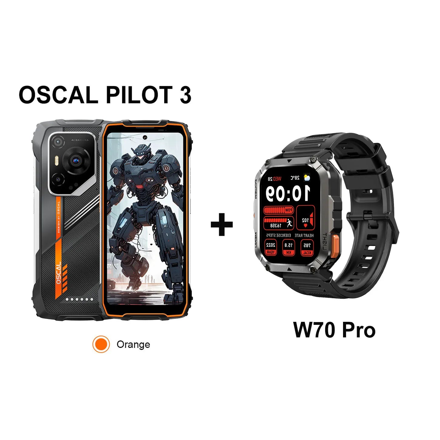 Blackview OSCAL PILOT 3 5G orange rugged smartphone and W70 Pro smartwatch combo, 6.78" display, durable design.