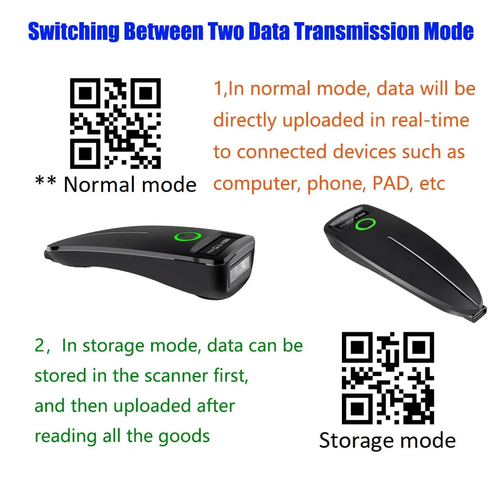 Black handheld barcode scanner for normal real-time upload and storage mode