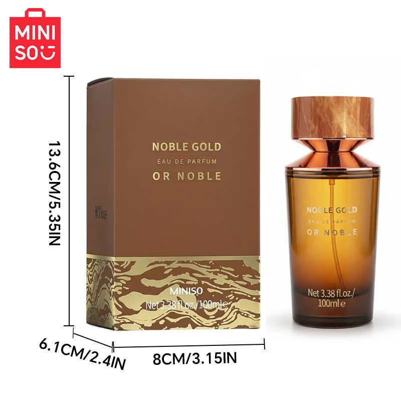 MINISO Noble Gold woody Eau de Parfum for men. Luxury 100ml amber bottle with gold cap, designer fragrance gift.