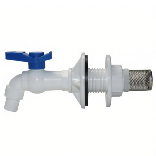 Plastic water tank filter faucet with flange and metal mesh cartridge, 1/2 in set