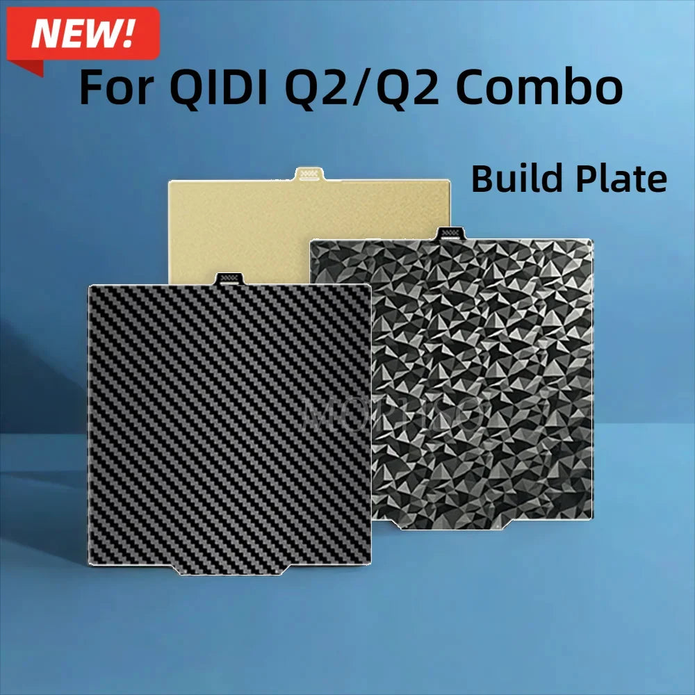 280x280mm build plate for QIDI Q2 3D printer, featuring smooth PEO and textured PEI/PET surfaces for easy print removal.