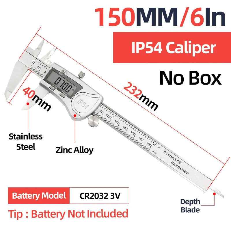 IP54 digital caliper with LCD display, stainless steel jaws, depth blade, zinc-alloy body.