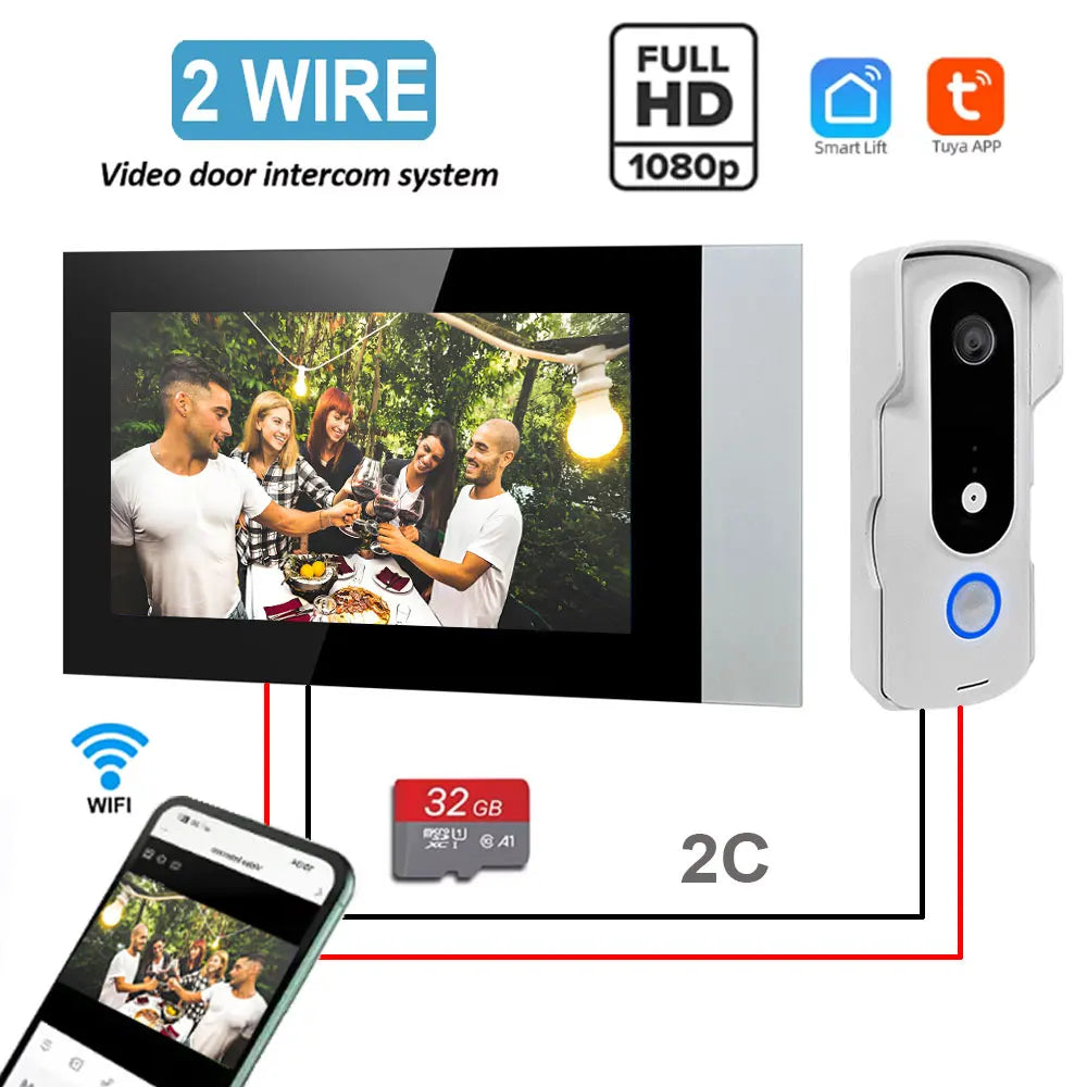 New 2 Wire Video Intercom System 7'' Color Touch Screen Tuya Wifi 1080P  Rainproof Call Panel IR Camera for Home Villa Buil