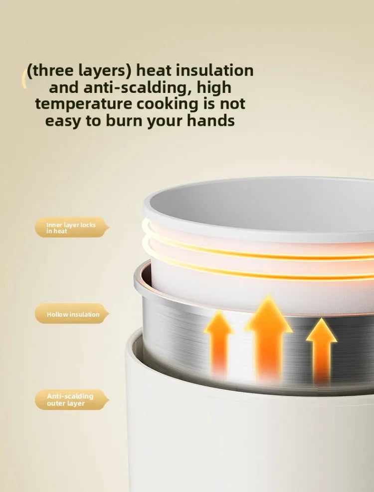 Multi cooker pot showing heat-insulation layers with glowing inner heating ring.