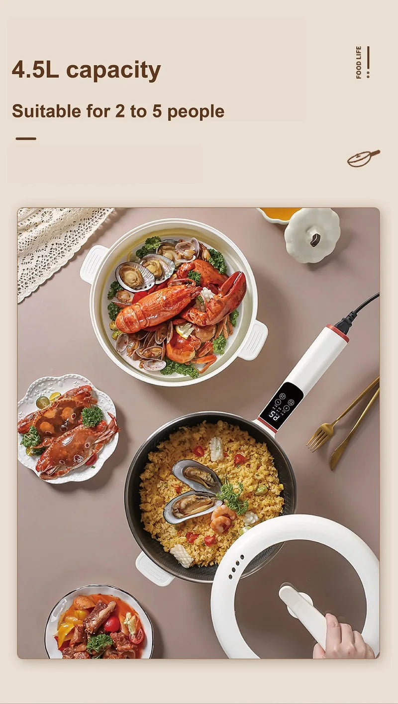 4.5L electric cooking pot with white body, served foods inside pot and on side dishes