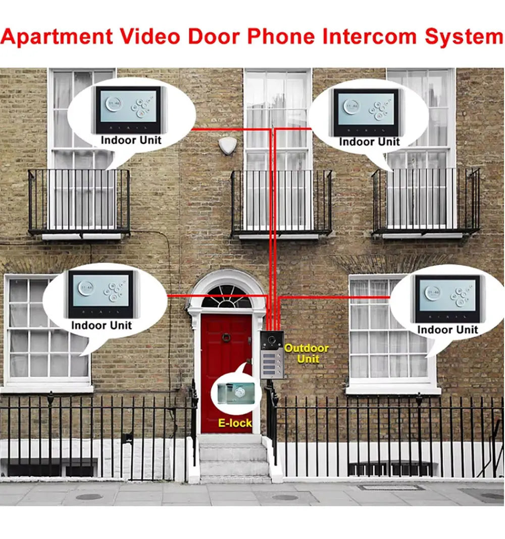 7 Inch LCD Video Doorphone Intercom Wide Angle Waterproof 1080P Camera Doorbell System for 2/3/4 Apartment Family Access Control