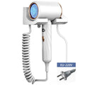 White 1800W wall-mounted hair dryer with LED temp display, coiled cord, and EU plug for bathroom or hotel use.
