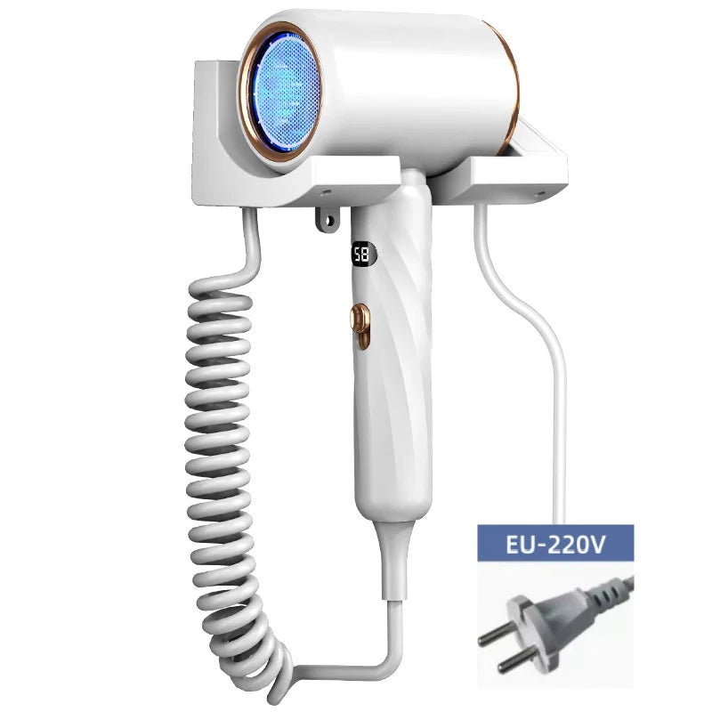 White 1800W wall-mounted hair dryer with LED temp display, coiled cord, and EU plug for bathroom or hotel use.
