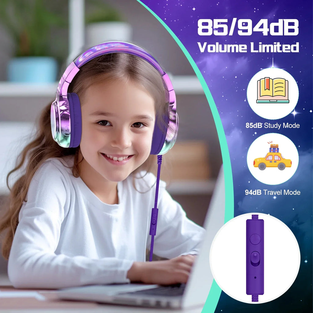 Kids Headphones Wired for School 85/94dB Volume Limiter Foldable Stereo Sound Headset with Mic for Kids Girls Learning Tablet PC Tidesmit