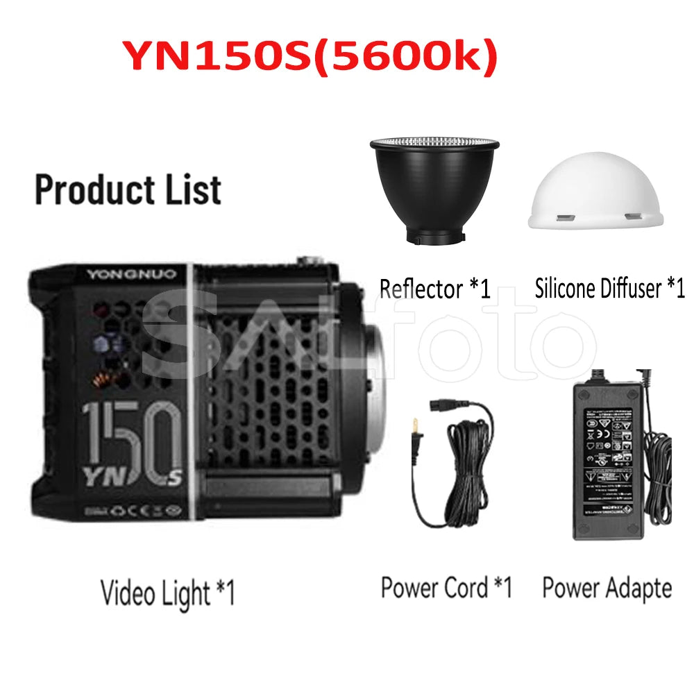 YN150S 5600K LED video light kit including a black light, metal reflector, white silicone diffuser, and power supply.