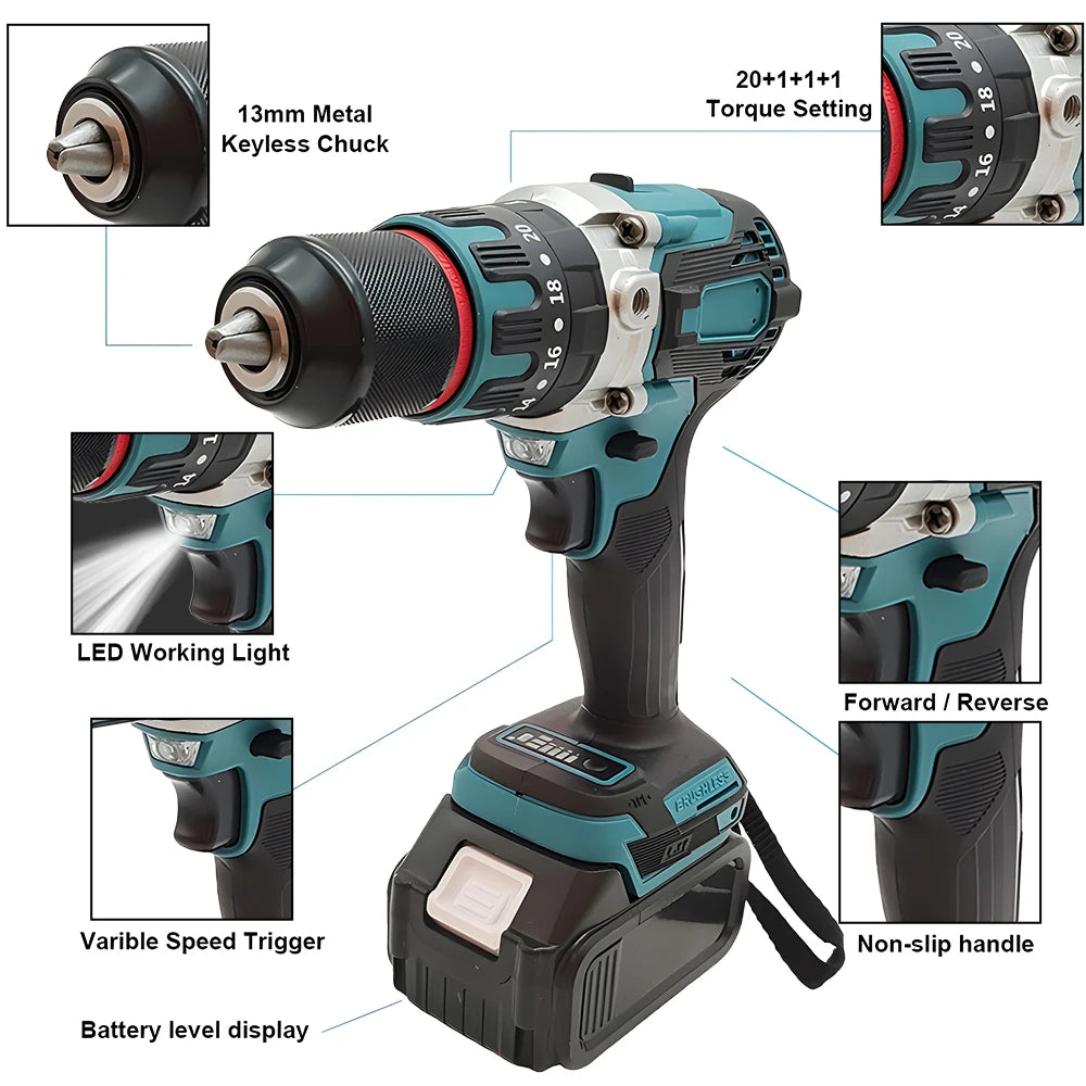 Podofo Brushless Electric Drill Screwdriver Power Tools Metal Chuck Impact Hammer Drill  Cordless Motor Screwdriver Power Tools