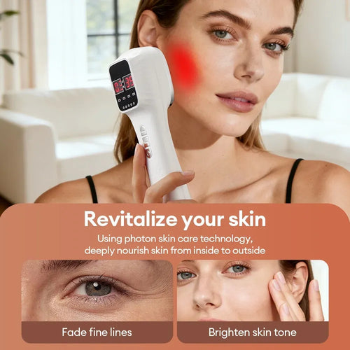 Handheld LED red light therapy device for facial skin rejuvenation, anti-aging, and skin tone brightening.
