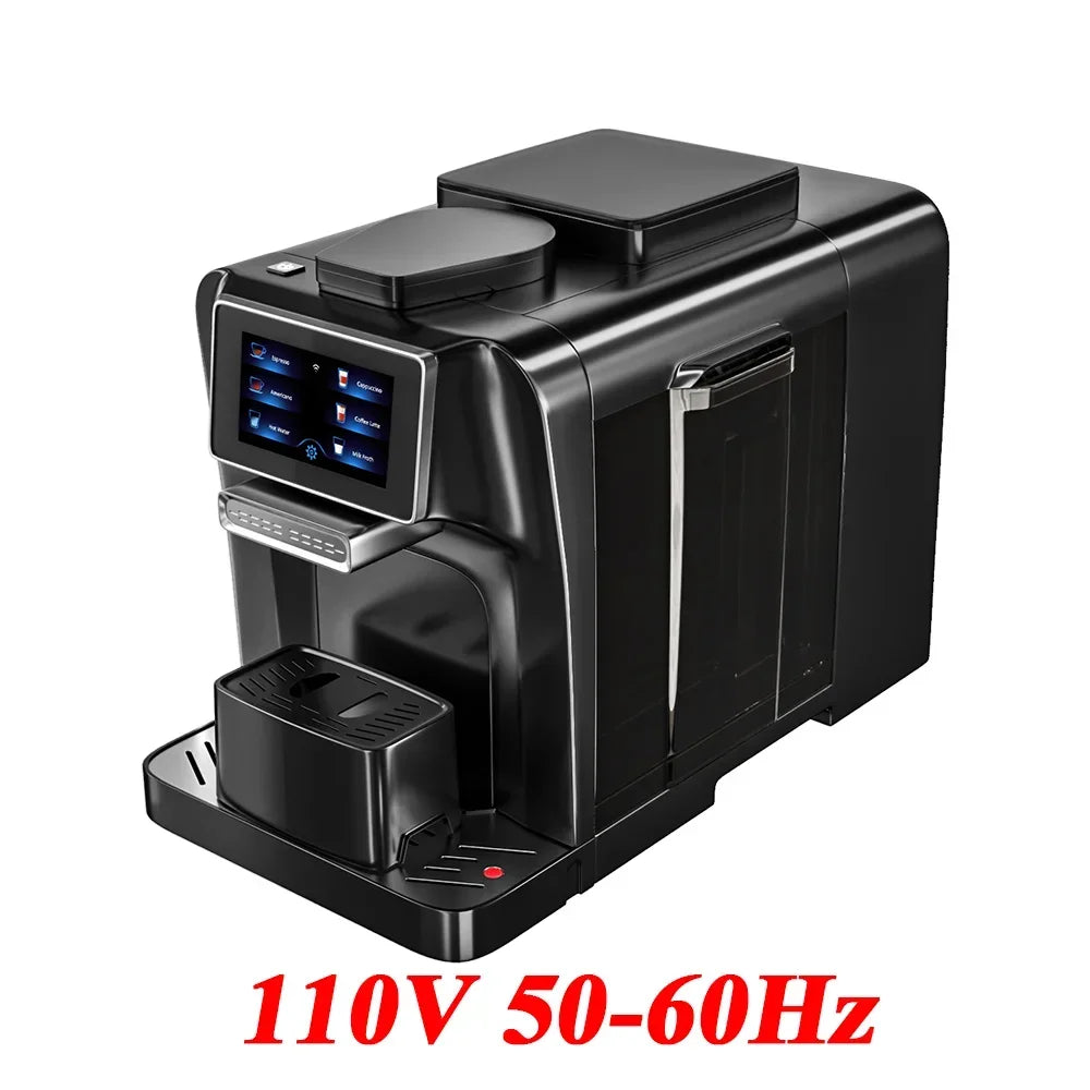 Black automatic espresso coffee machine with touchscreen display, 110V power, and sleek compact design.
