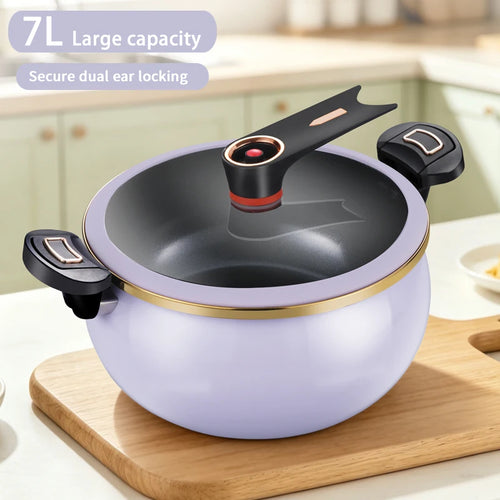 7L micro pressure cooker with light purple pot, glass lid, copper handle accents, side grips