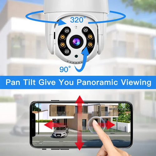 White PTZ dome security camera showing pan-tilt rotation coverage on-screen diagram