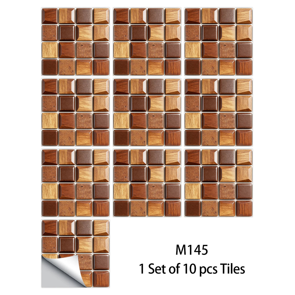 Brown, tan, and gold square mosaic tile sticker set sheet, 10 pieces