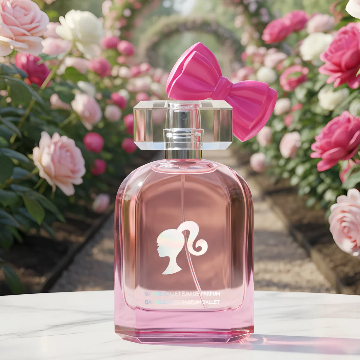 MINISO x Barbie floral fruity EDP for women. Pink bow-topped glass bottle perfume in a rose garden. Gift for girls.
