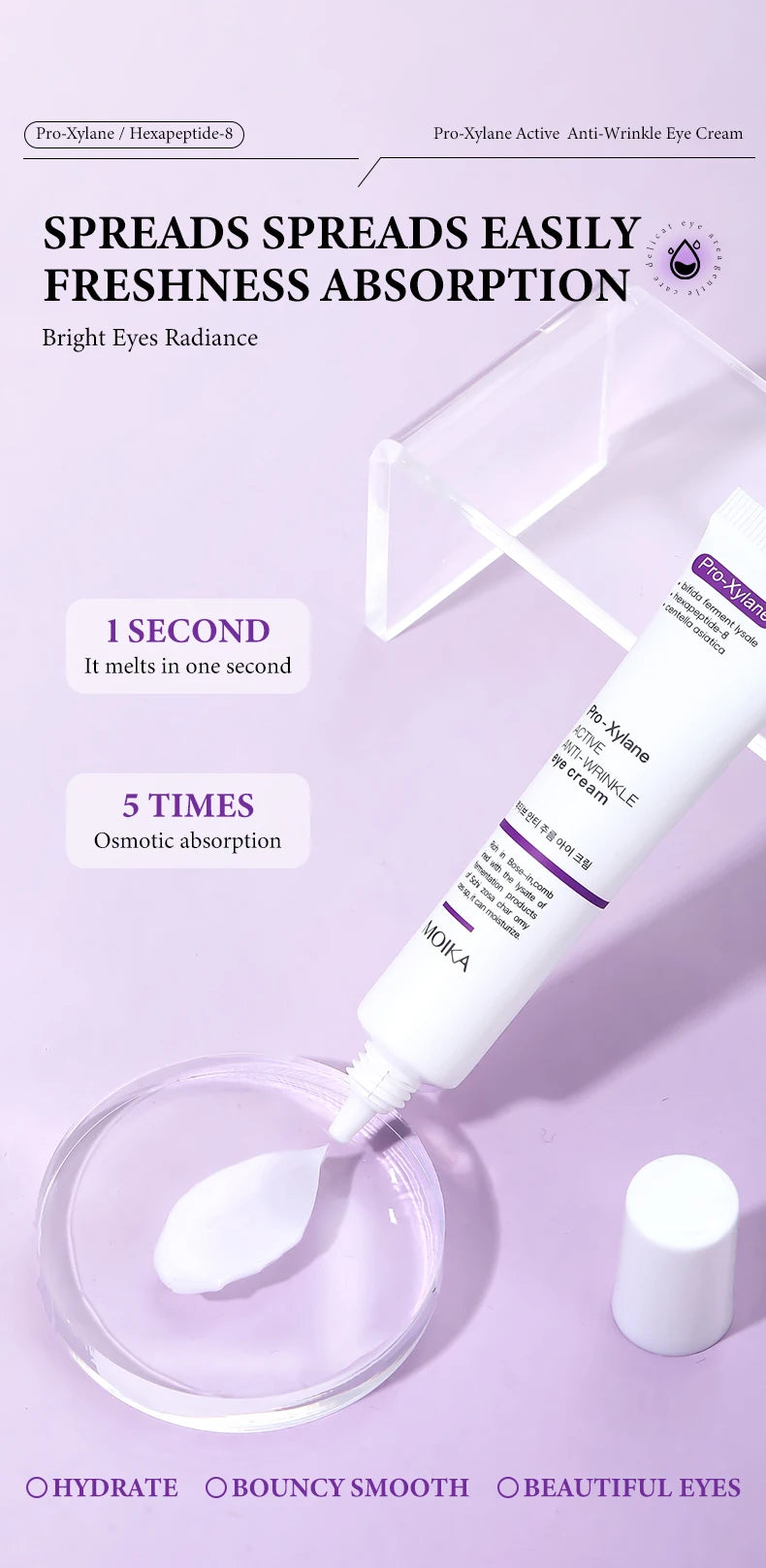 White tube of MOIKA anti-wrinkle eye cream with a creamy white texture on a clear dish against a light purple background.