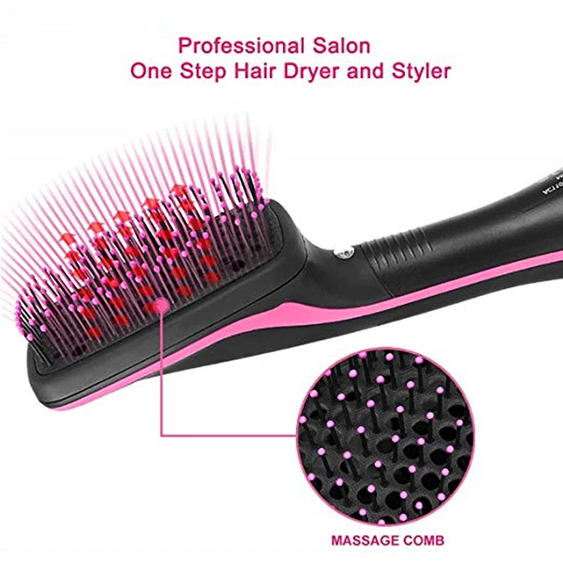 Black and pink one-step hair dryer brush with massage comb bristles for professional salon blowouts and straightening.