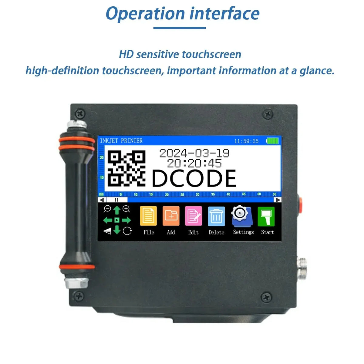 Handheld thermal inkjet QR printer with HD touchscreen control panel