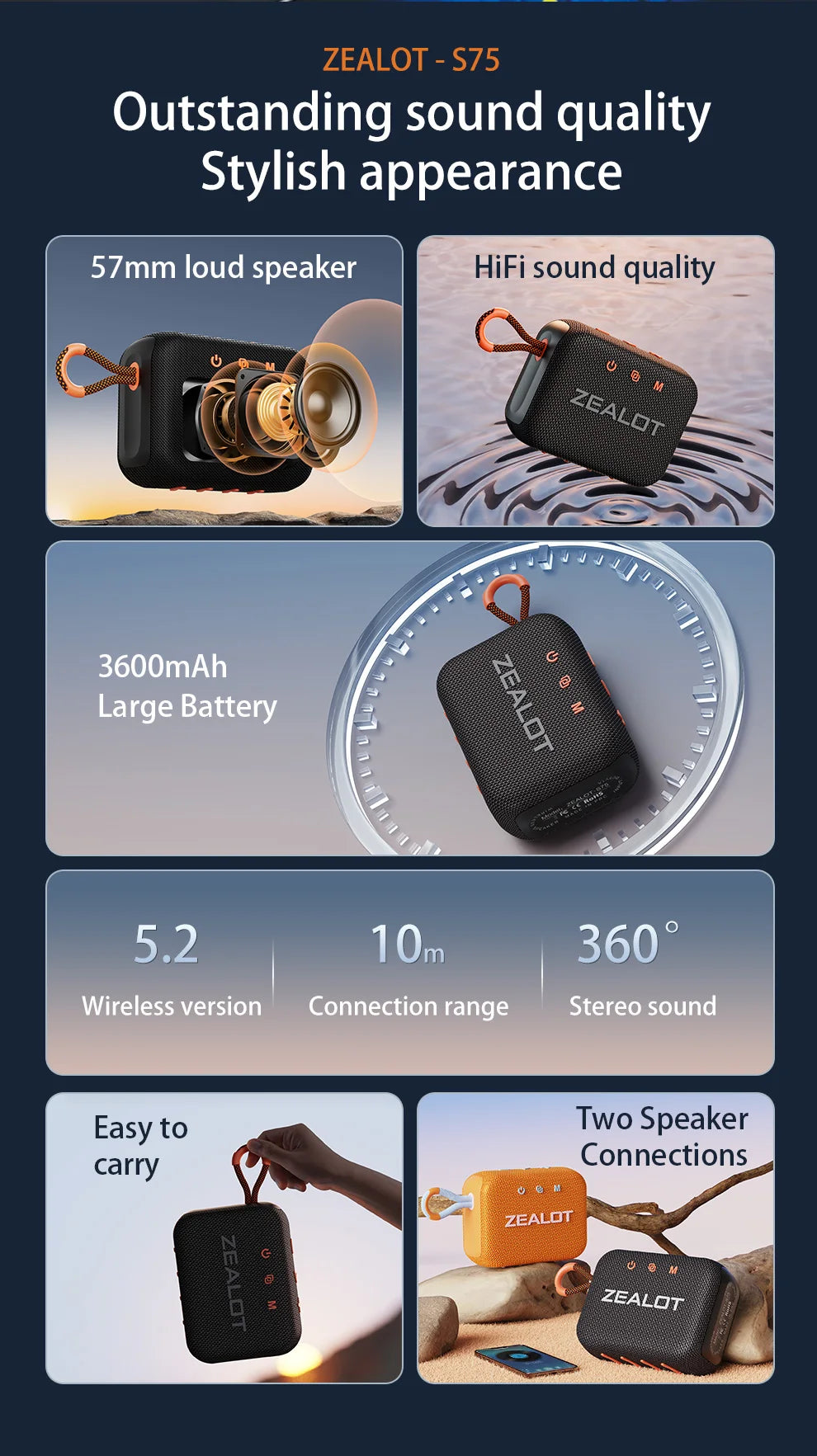 ZEALOT S75 10W Wireless Speakers, Outdoor Portable Subwoofer Speaker Waterproof IPX 6, Wireless Speaker, Dual Pairing,3000mAh.