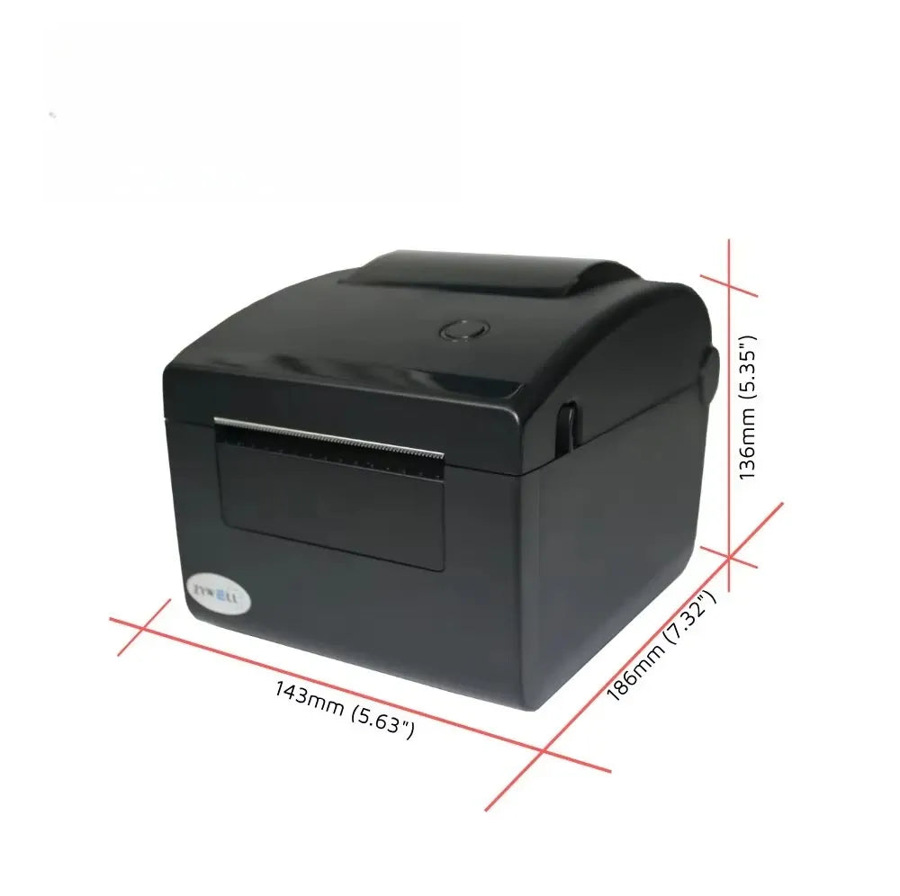 Black thermal shipping label printer with side profile and height measurement markings