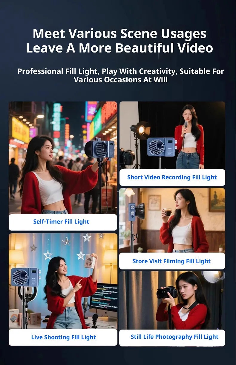 Compact grey square fill light on a stand used for vlogging, live streaming, and photography.